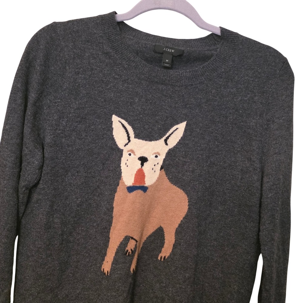 J.Crew Womens French Bulldog Intarsia Wool Blend Sweater Gray Size‎ M 104668